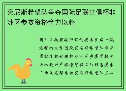突尼斯希望队争夺国际足联世俱杯非洲区参赛资格全力以赴